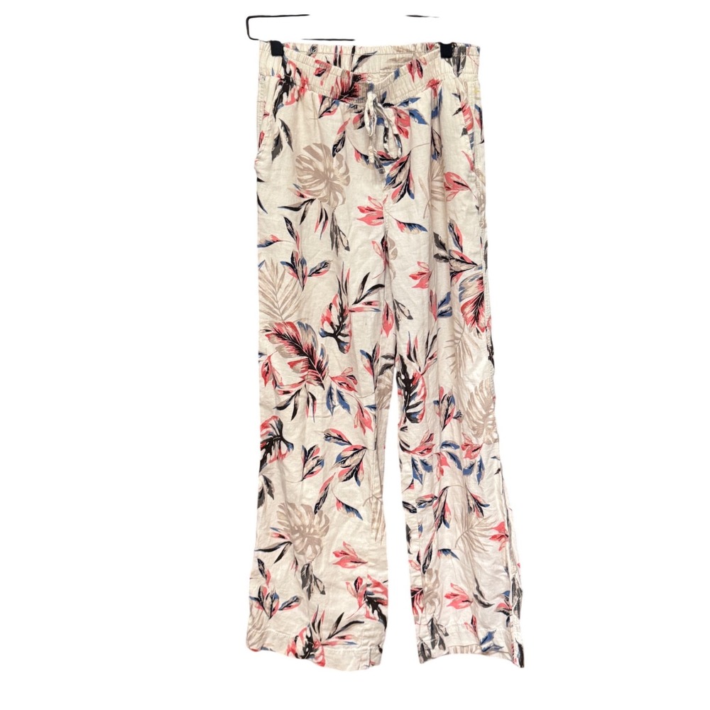 Briggs Linen Blend Tropical Floral Wide Leg Pants S Cream Excellent Drawstring‎